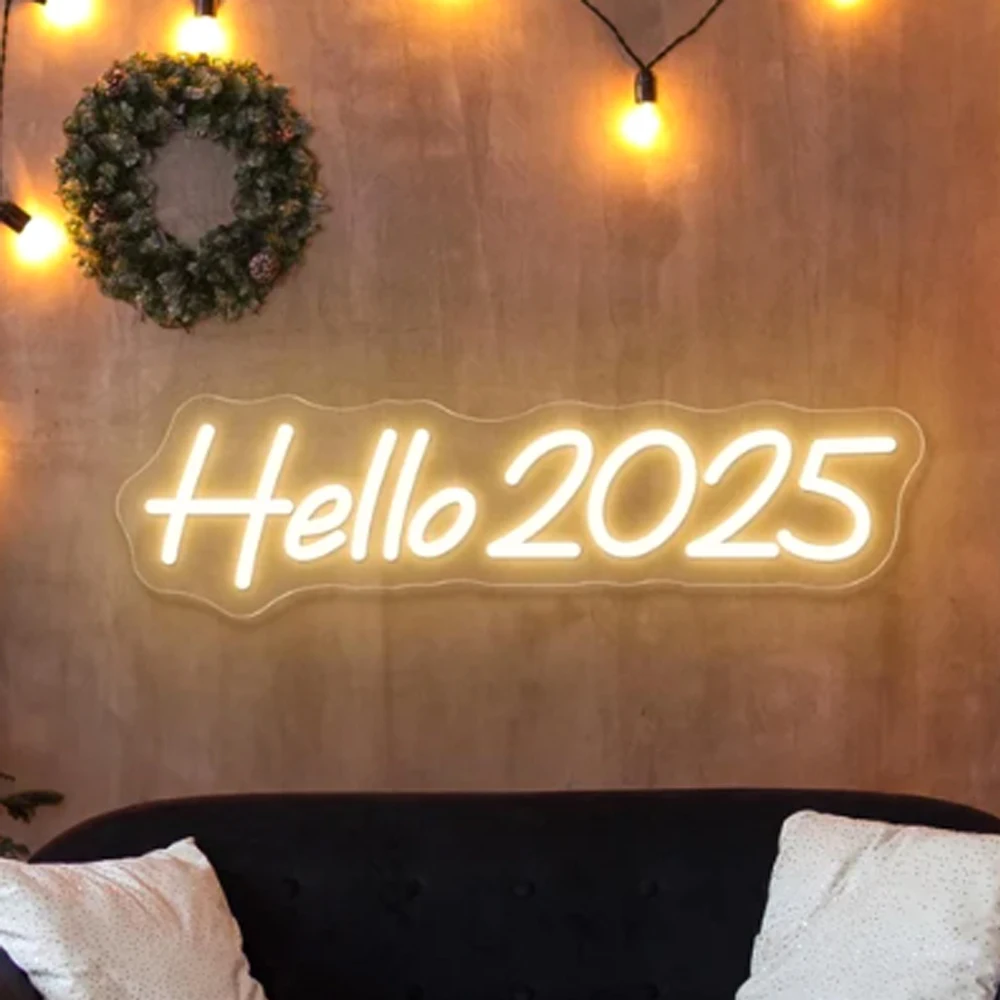 Happy New Year Neon Sign Hello 2025 Neon Led Light Christmas Dimmable Room Decoration For Party Home Bar Club Shop Wall Decor