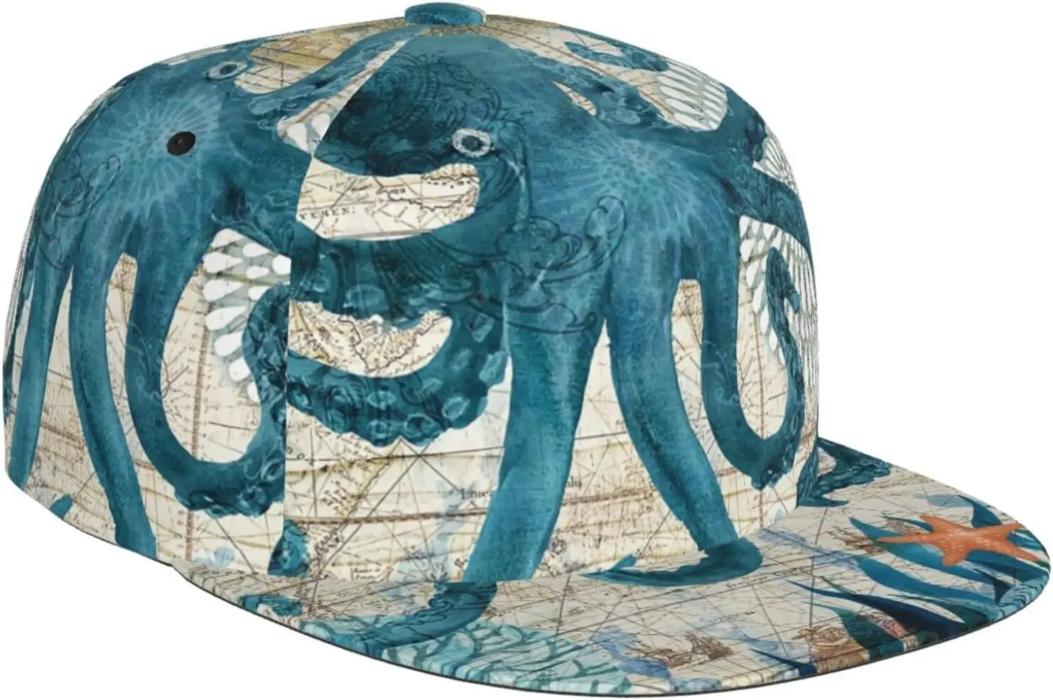 Blue Octopus Nautical Map Pattern Flat Bill Hat, Unisex Snapback Baseball Cap Hip Hop Style Flat Visor Blank Adjustable