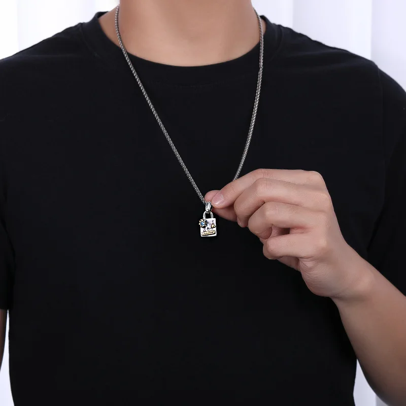 925 sterling silver retro small square plaque graffiti pendant for men and women trendy hip-hop style small lock love sun pendan