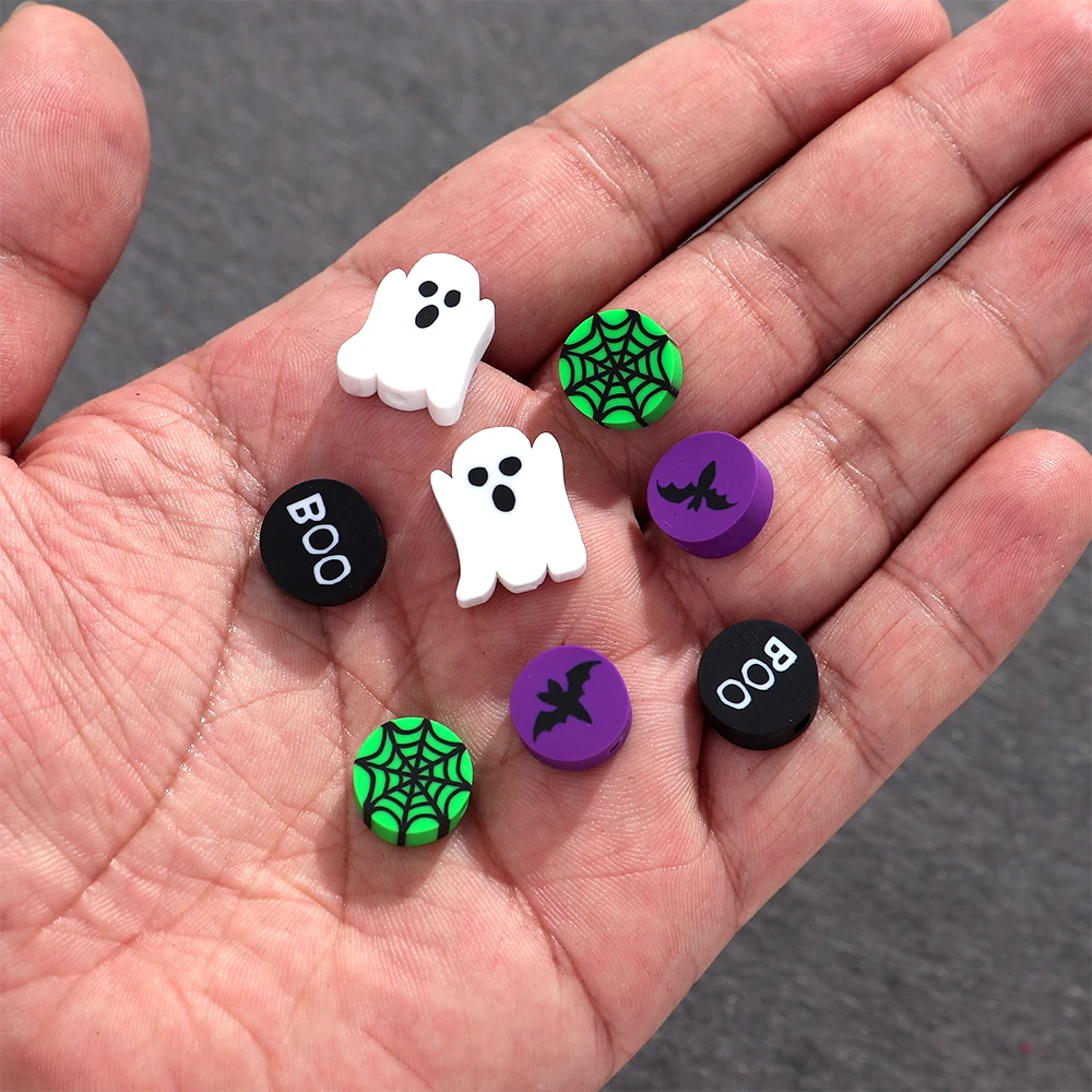 10pcs/lot Halloween Ghost Bat Spider Web Bead Polymer Clay Loose Beads for DIY Jewelry Making Keychain Accessories Decor Craft