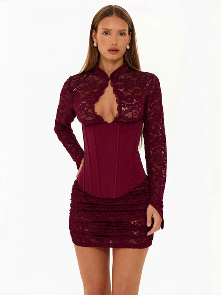 Damen-Minikleid mit Stehkragen und Schlüssellochausschnitt, Spitze, lange Ärmel, formgebendes Korsett, tailliert, figurbetont, sexy Nachtclub-Party-Outfit – Detail 7