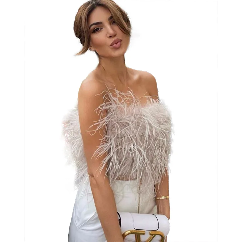 Furry Crop Top Camis Women Natural Ostrich Feather Tank Tunic Vest Sleeveless Bra Club Party Female Tube Cropped Tops Wrap