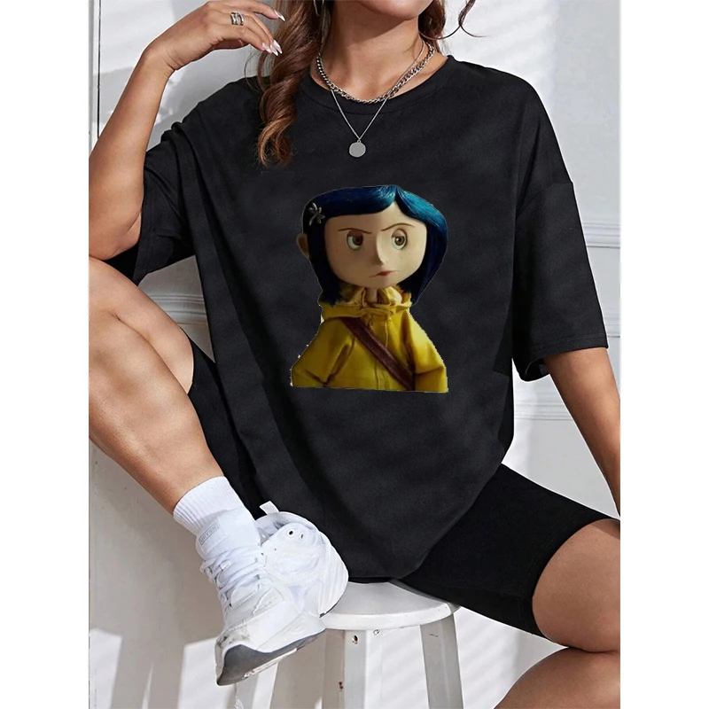 Cartoon Coraline Printed Tshirt Men Woman Streetwear Summer Oversize Loose Cotton Tee Tops Harajuku Unisex Short Sleeve Clothing