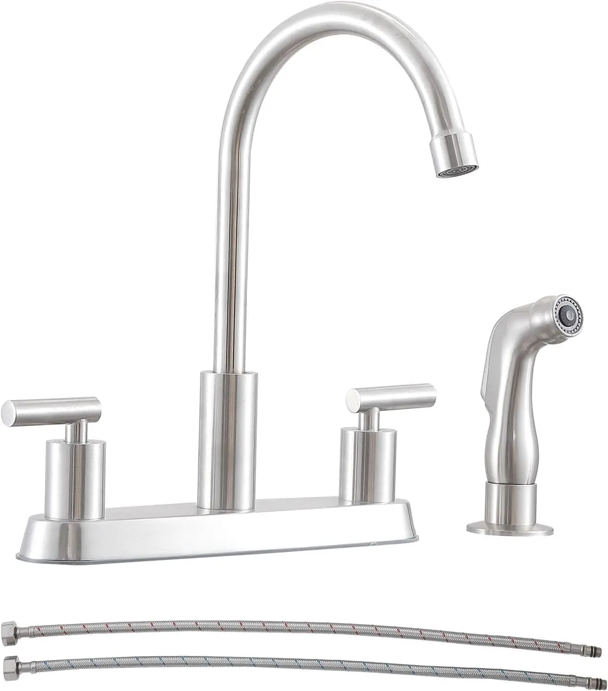 

4-Hole Kitchen Faucet, Brushed Nickel, 2-Handle with Side Sprayer, High Arc, 8' Deck Mounted