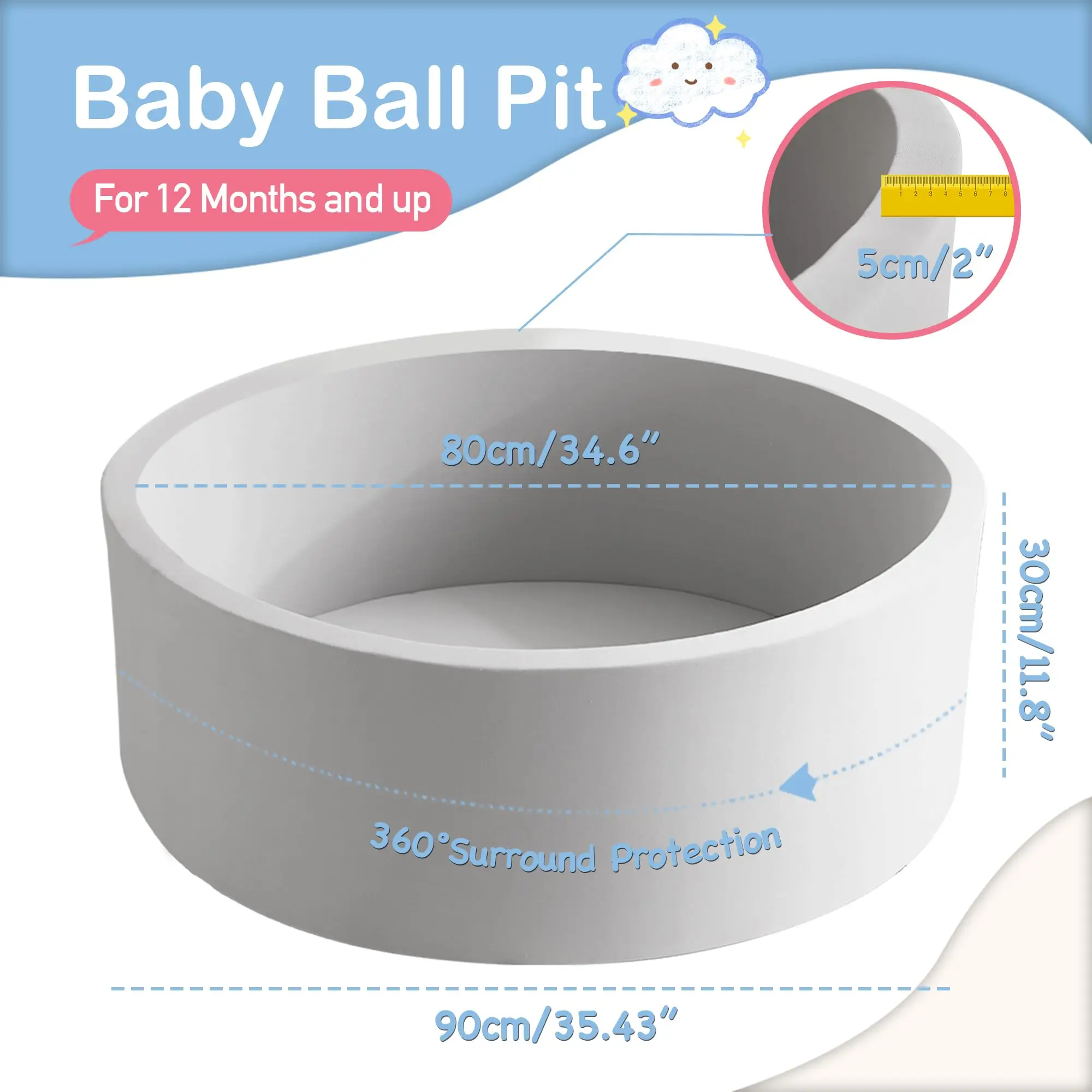 Soft Ball Pit for Toddlers and Babies 35.5 in - Durable Foam Ball Pit for Babies and Toddlers Indoor Outdoor Playpen for Babies