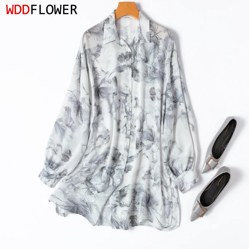 

Women Silk Shirt 100% Mulberry Silk 16 Momme Oversize White Art Printed Buttons Down Long Sleeve Top Blouse Cardigan M1190