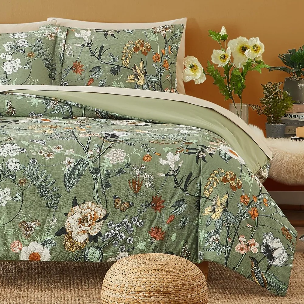 

Queen Comforter Set, 7 PCS Green Butterfly Floral Comforter Set with Flowers Leaves Pattern, Soft Seersucker Duvet Cover Sets