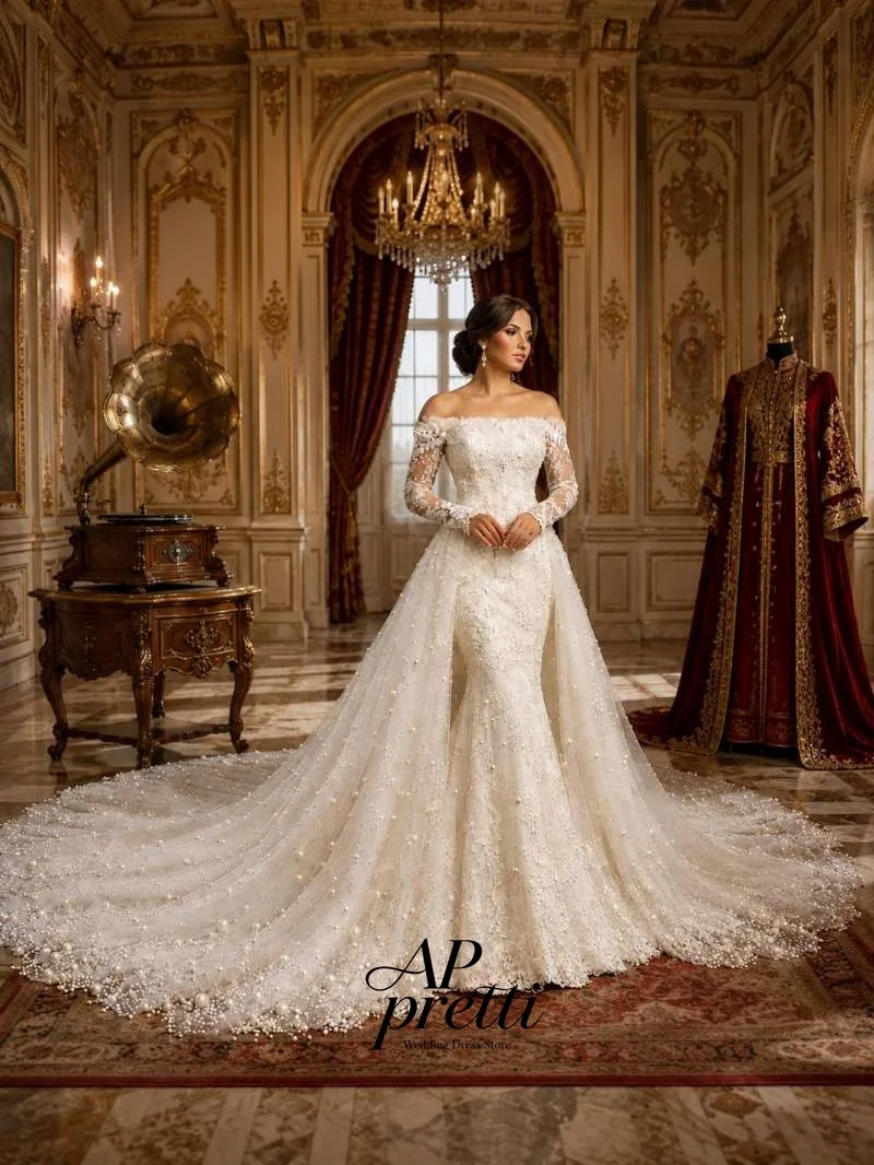 AP pretti Fabulous Lace Wedding Dresses One Line Full Sleeve Customized Sweep Train Bridal Gown Vestidos Novias Boda A-line