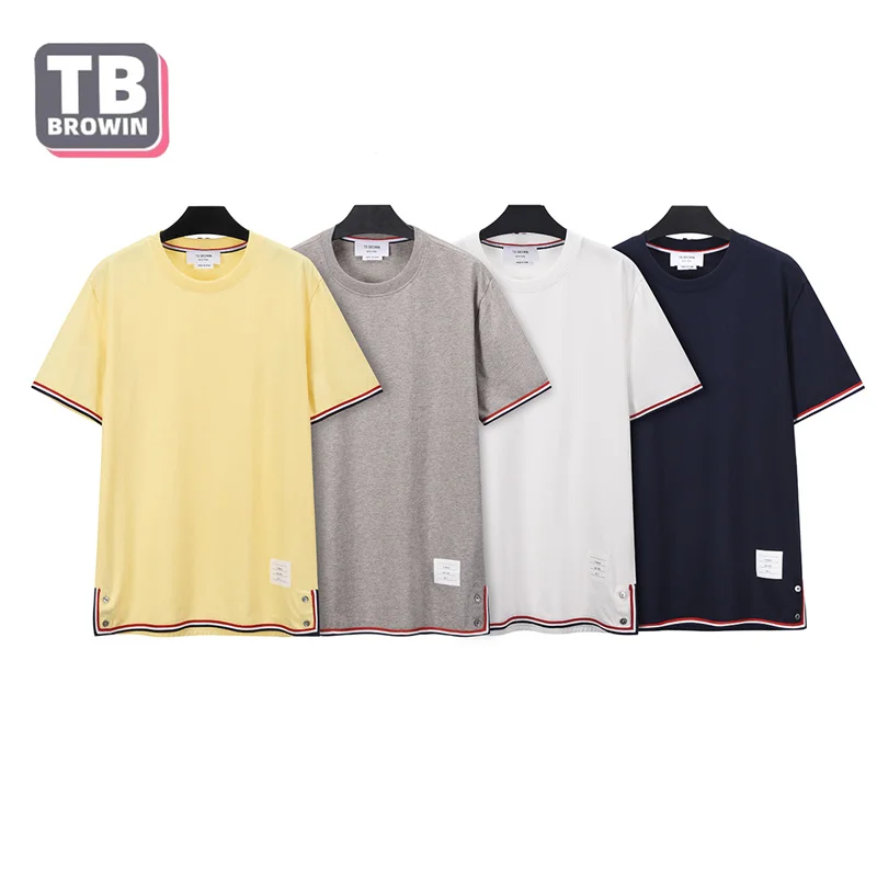 TB BROWIN Thom Men's Luxury T-shirt Y2K Clothes Four-bar Stripe Cotton Breathable Short-Sleeved Korean Casual Bottoming Shirt