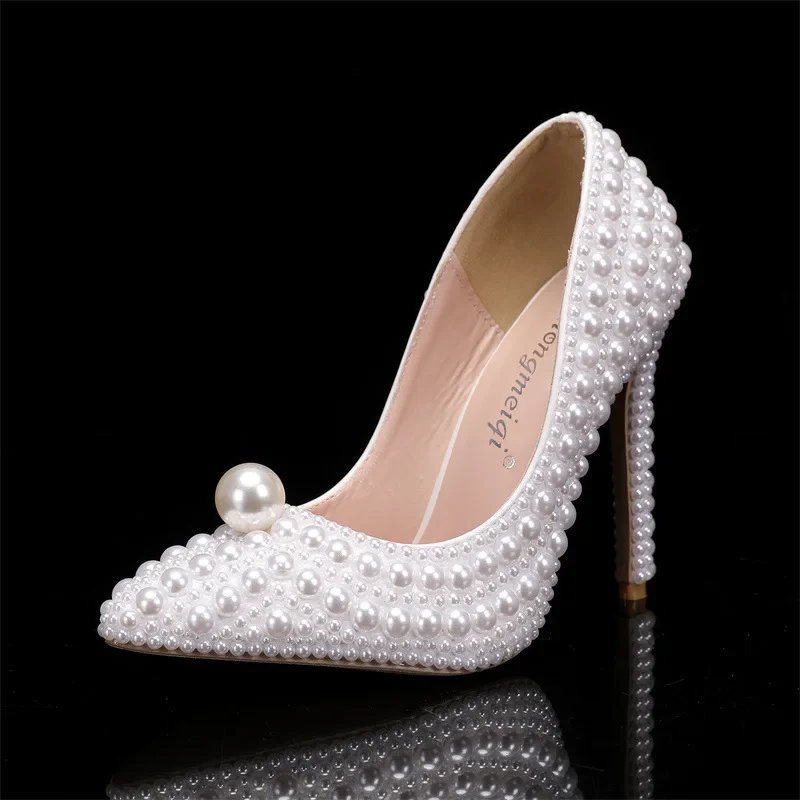 ALIDI 2024 New Pointed Pearl High Heels Women's Shoes with Fine Heels Wedding Dress Bridal Party Princess Shoes Size 35-43