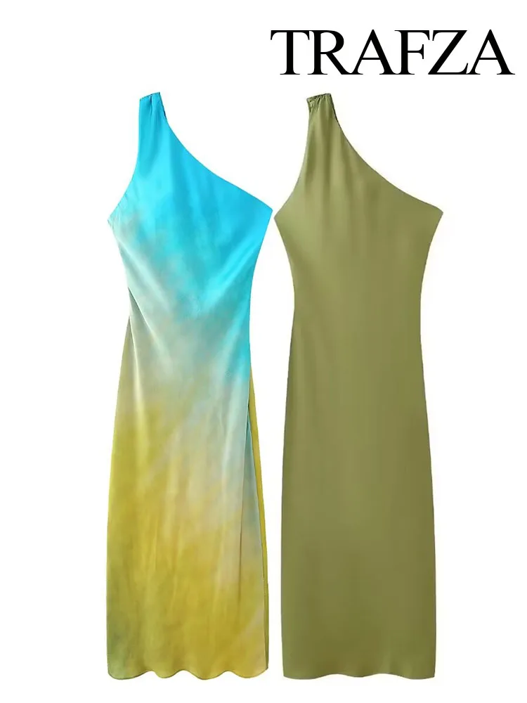TRAFZA Woman Summer Fashion Vintage Gradient Off-Shoulder Dress Female Tie Dye Sexy Folds Zipper High Street Sleeveless Dresses