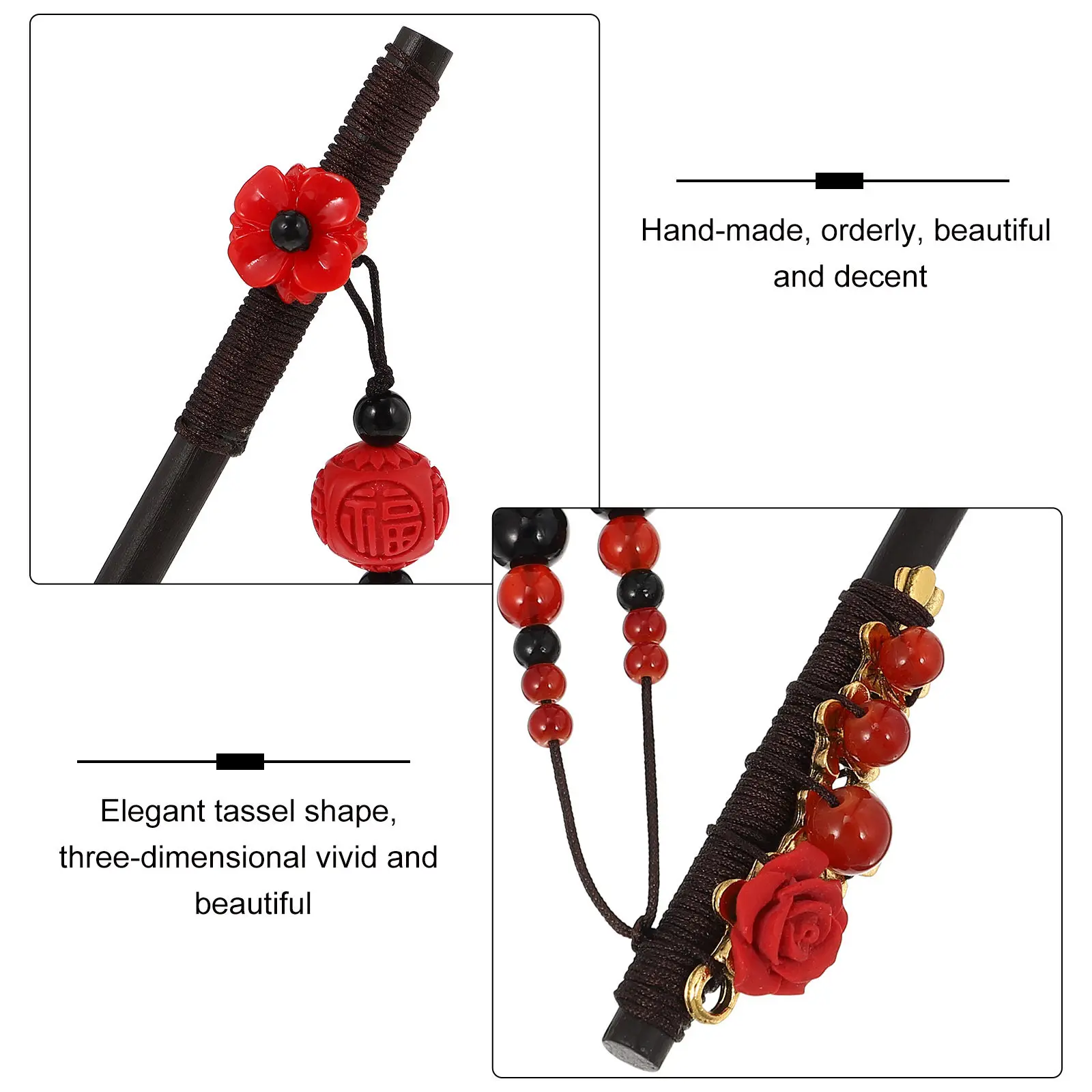 

2pcs Retro Fork Wooden Hair Stick For Women Vintage Hairpin Ancient Style Hair Accessory Elegant Red Flower Decor