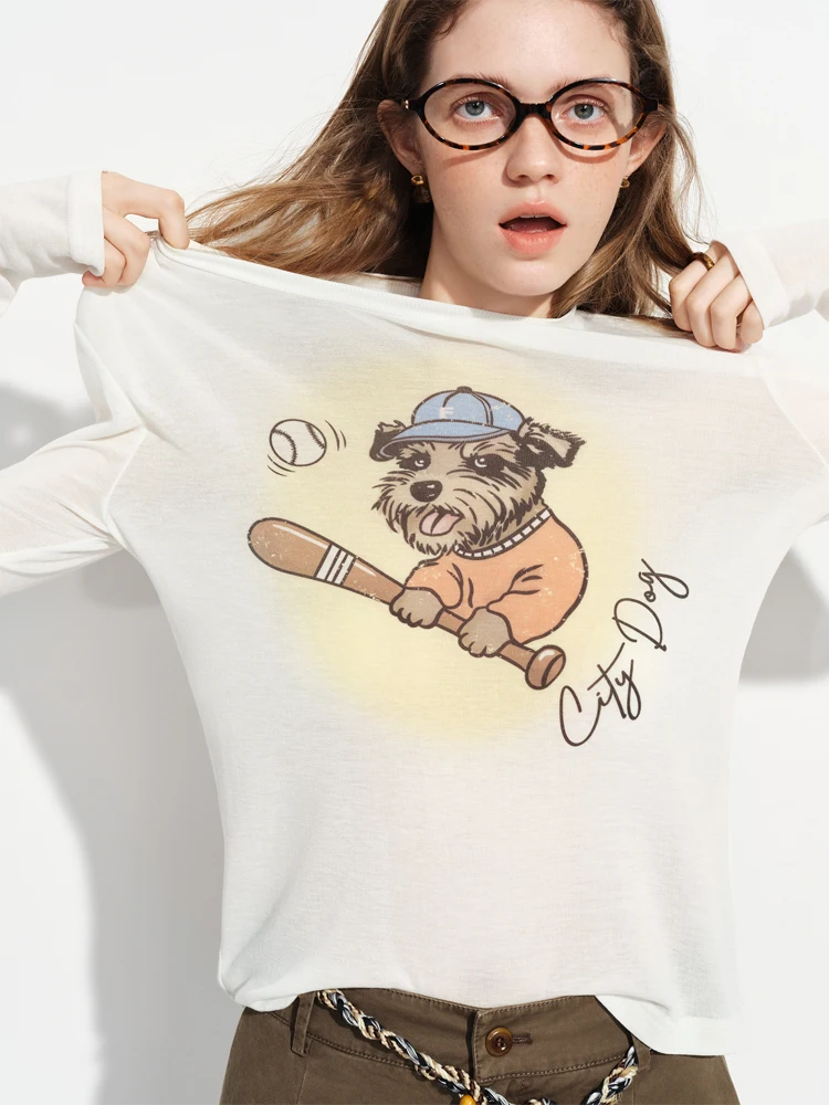 

Original Long Sve T-irt Fun Baseball Dog Design Lenzing Eco-Vero Fabric Spring 2026 New Sle Women's Comfortable Breath...