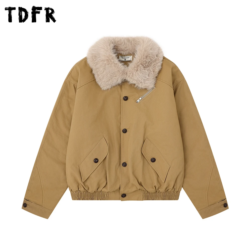 

Solid Color Cargo Padded Jacket Mens Pocket Winter Thick Casual Single Breasted Long Sleeve Fur Collar Quilted Jacket Man