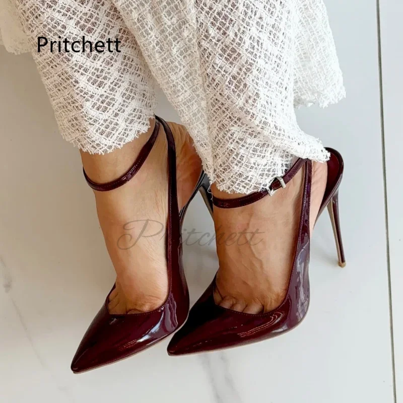 

Burgundy Patent Leather Women's Sandals Pointed Toe Buckle Strap High Heels Summer Red Black Sexy Elegant Banquet Wedding Shoes