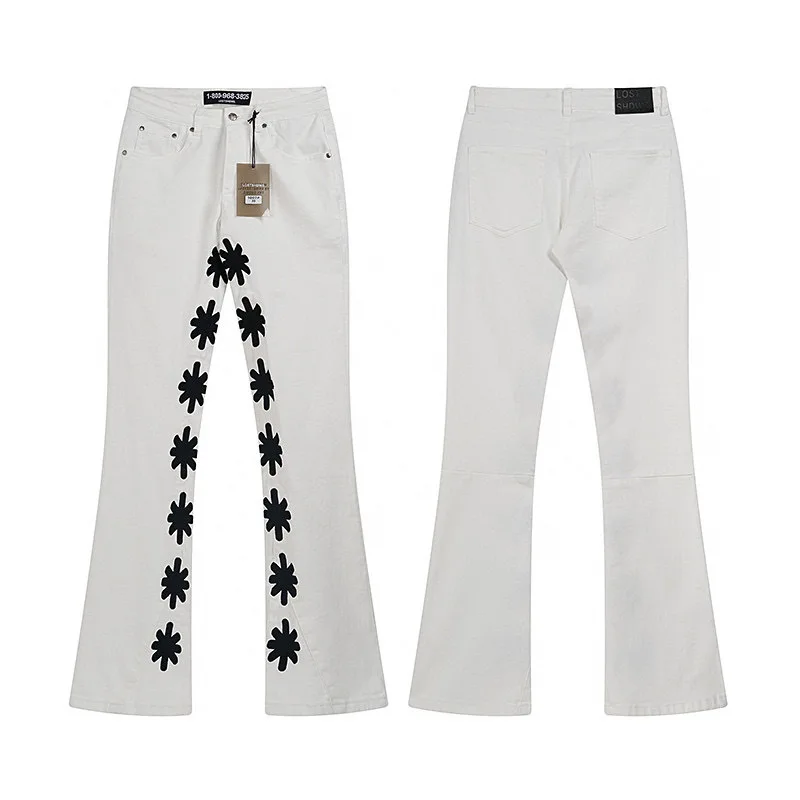 25fw Men Women Unisex Fashion Jeans LOSTSHDWS Jeans Micro Flare Jeans Emboridery Sunflower Denim Pants With Tags