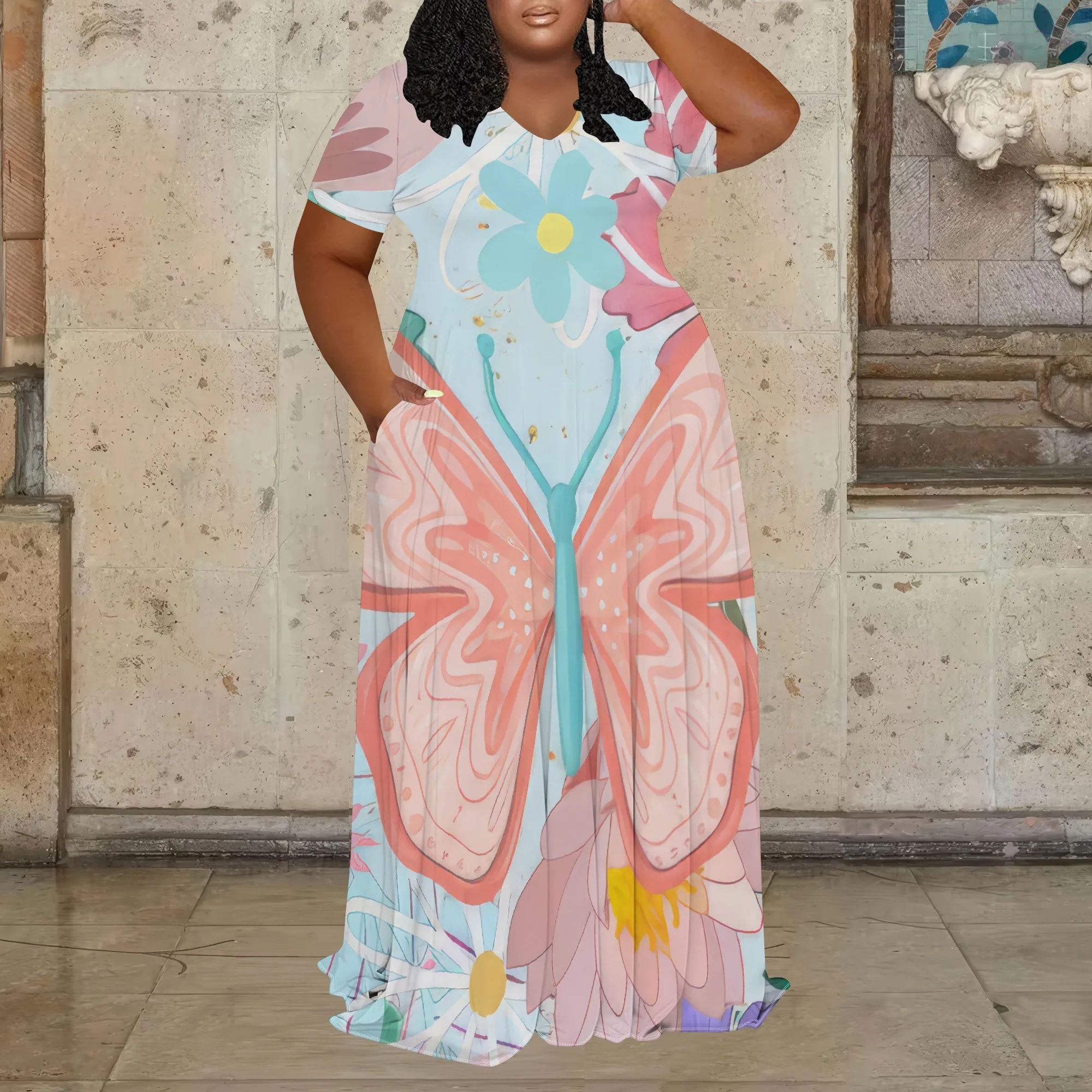 

Женское летнее платье больших размеров с 3D модным принтом и бабочкой, платье макси с короткими рукавами и v-образным вырезом (с карманами)