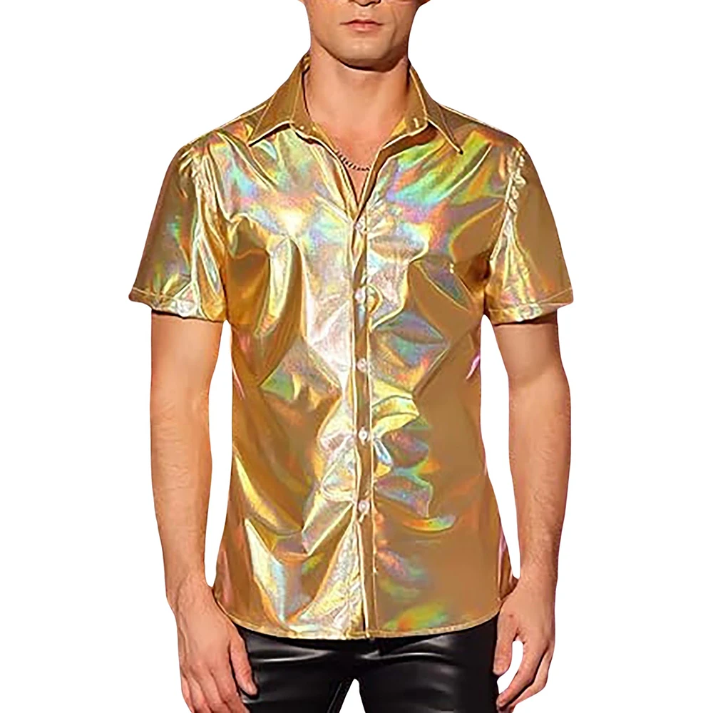 Men's 70s Disco Shirts Shiny Metallic Short Sleeve Button Down Dance Nightclub Party Costume Banquet Stage Performance Prom Tops