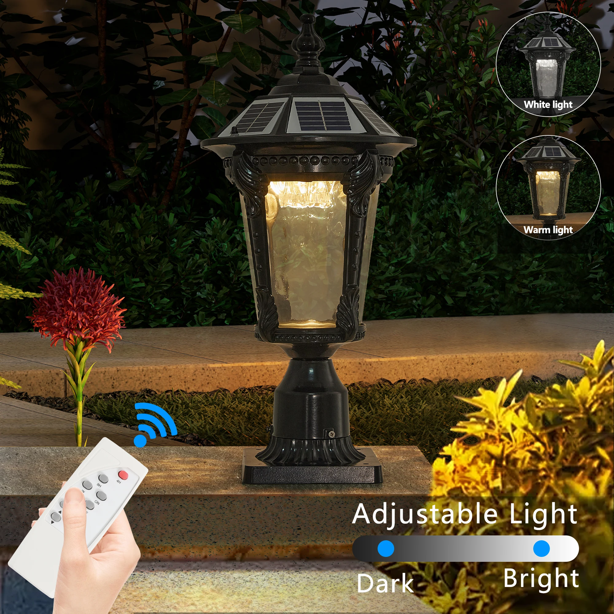 Solar-Powered Outdoor Post LED Light with Remote Control – Black Vintage Waterproof Cast Aluminum Lamp, Adjustable Brightness