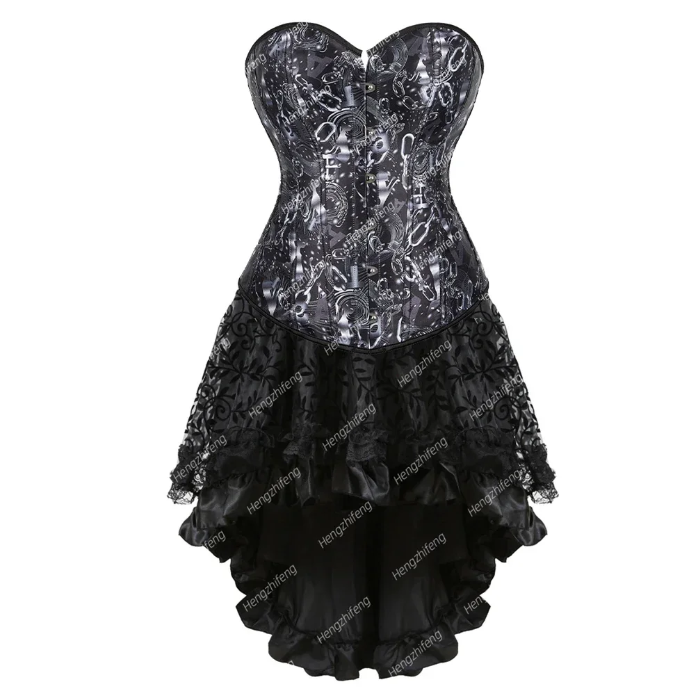 

Burlesque Corset Skirt Printed Corsets Overbust Sexy Bustiers Brocade Vintage Corselet Costume Steampunk Outfit Plus Size