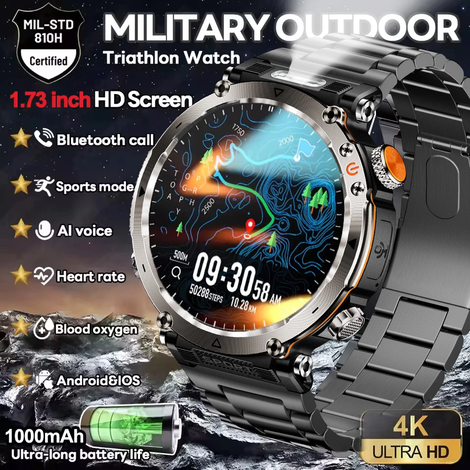 ساعة ذكية GPS عسكرية للرجال AMOLED بطارية 1000 مللي أمبير في الساعة 5ATM مقاومة للماء 170 + وضع رياضي معدل ضربات القلب BT Call ساعة ذكية #1