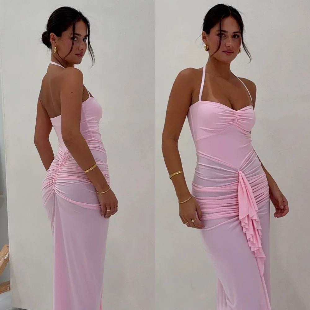 Personalizado sereia simples camisa rosa vestido de noite clássico halter sem mangas vestidos de baile moda vestido de festa