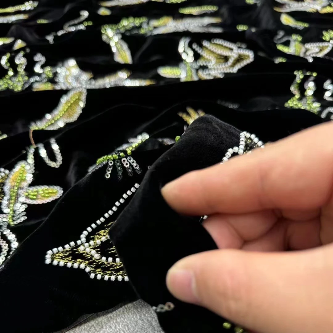 135CM Wide Birds Mountains Beading Silk Velvet Fabric by Meter for DIY Sewing Dress Jacket Pants for Spring Autumn Winter R1712
