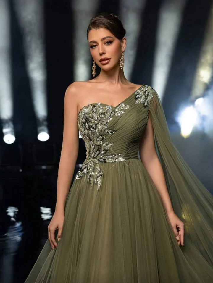 Dubai Elegant Luxurious Party Dresses Green Chiffon Prom Gown One-Shoulder vestidos elegantes mujer para fiesta de noche 2025