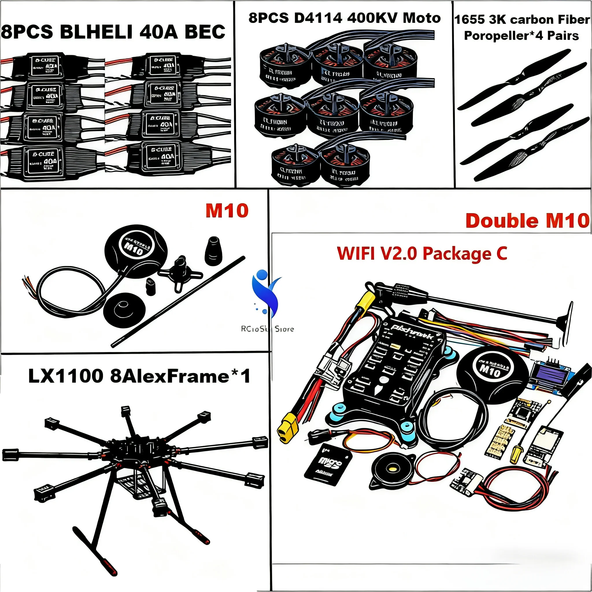 Angeltoy LX1100 Full Carbon Fiber 1100mm Octa-Rotor Frame BLHELI 40A ESC 2.4.8 Double M10 Flight Comtrol Set D4114 Motor