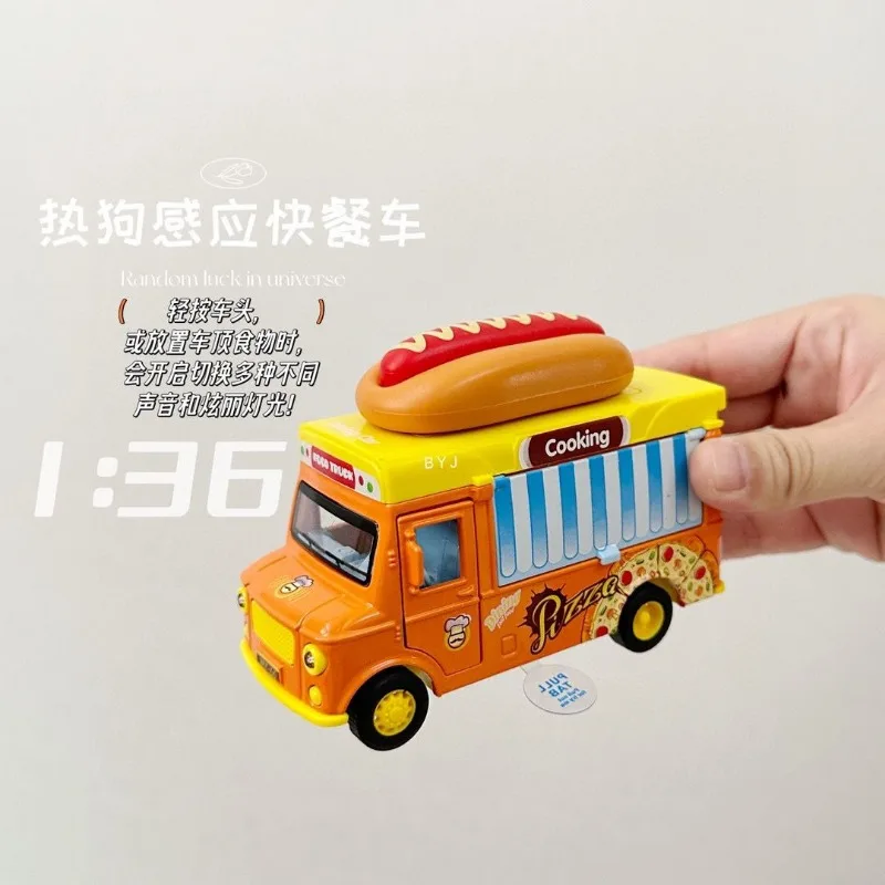 1/36 Magnetic Induction Fast Food Truck Alloy Diecast Car Model Toy with Sound Light Pull Back Collection Gifts for Boy Birthday