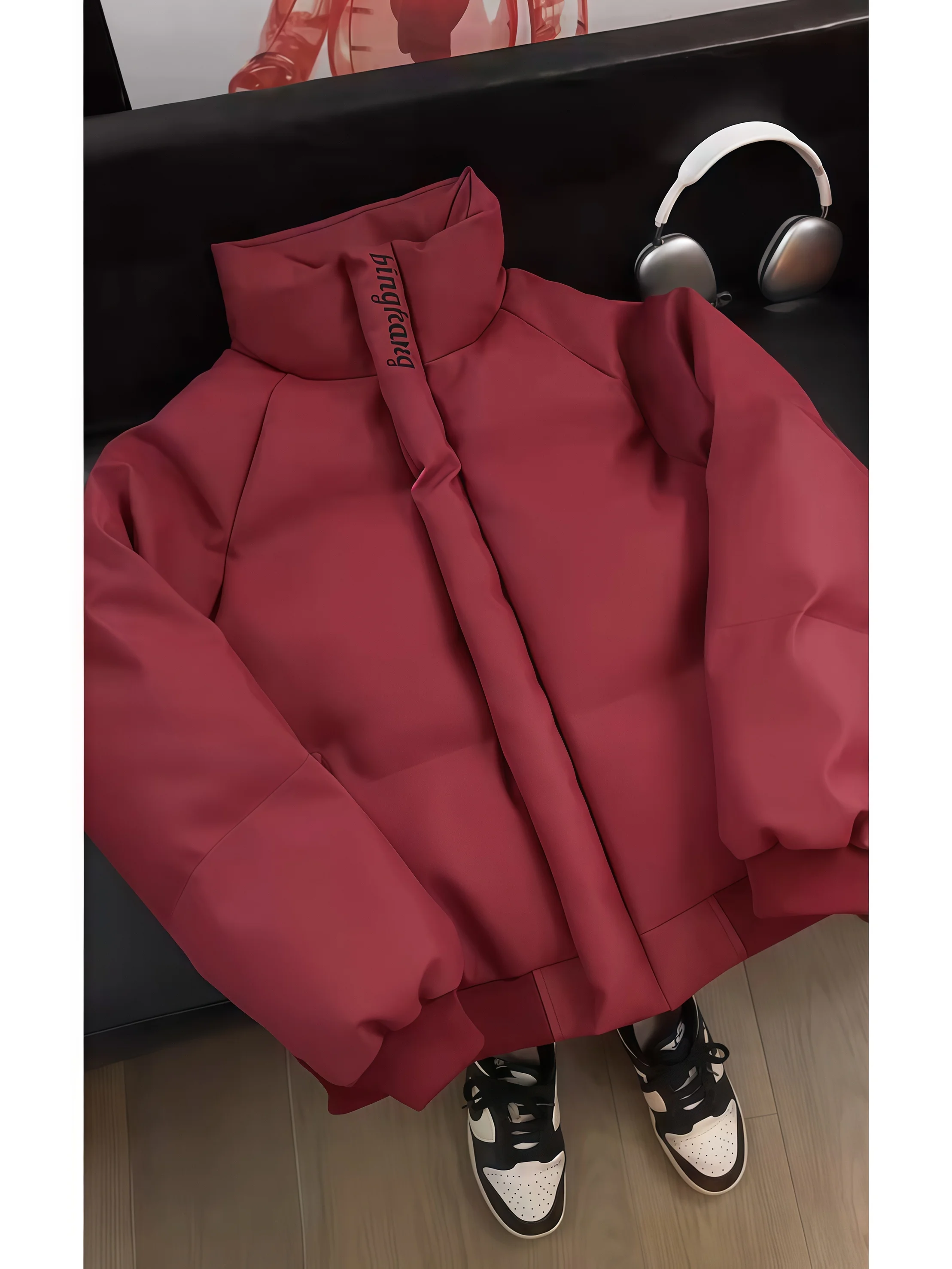 

Красная утепленная куртка из искусственной кожи с хлопковым наполнителем, с воротником-стойкой, для мужчин и женщин, зимняя теплая верхняя одежда