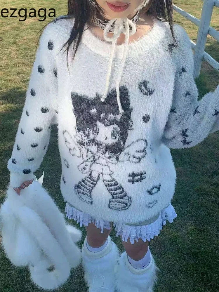 

Ezgaga Knitted Sweater Women Star Polka Dot Cartoon Patchwork O Neck Sweet Funny Autumn Winter Pullover Female Casual Jumper