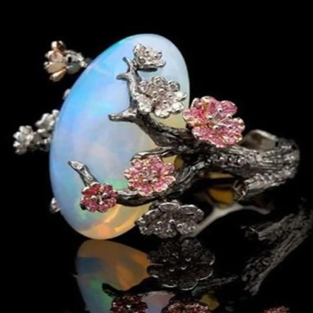 Vintage Women Faux Opal Plum Blossom Flower Two Tone Finger Ring Jewelry Gift Finger Rings Trendy Jewelry