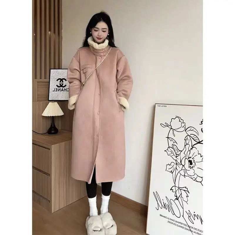 Single Breasted Faux Lamb Fur Coat for Women, O-Neck Long Jacket,Thick Warm Clothes,England Style,Autumn and Winter