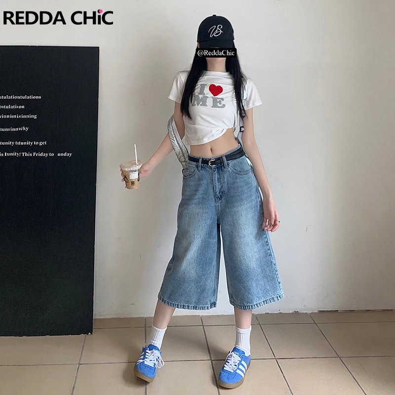 

ReddaChic Low Waist Casual Wide Short Pants Women Solid Whiskers Distressed Straight Baggy Jeans Jorts Summer Korean Streetwear