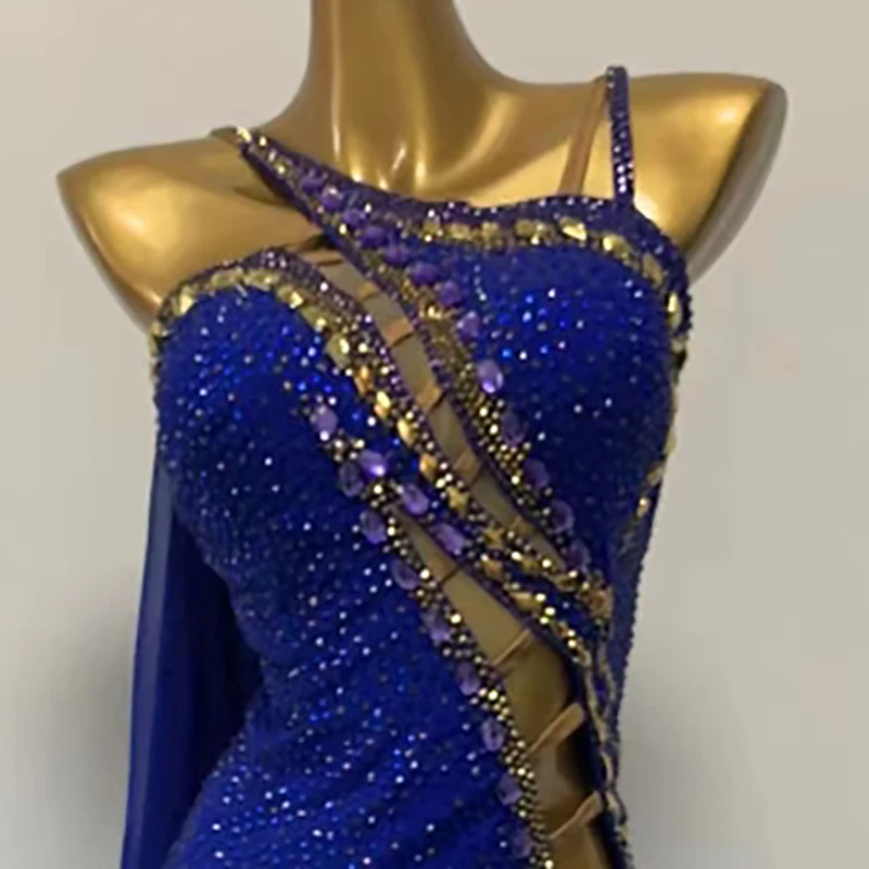 

Женская одежда для международных сценических танцев, высококачественное платье с золотыми бриллиантами по индивидуальному заказу, платье для выступлений Samba Water Diamond