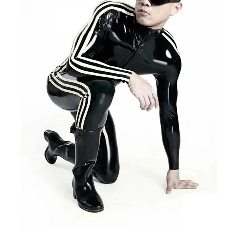 Latex Catsuit Handmade Black with 3 White Strip Trim Front Zip Rubber Jumpsuit Bodysuit for Men Customize