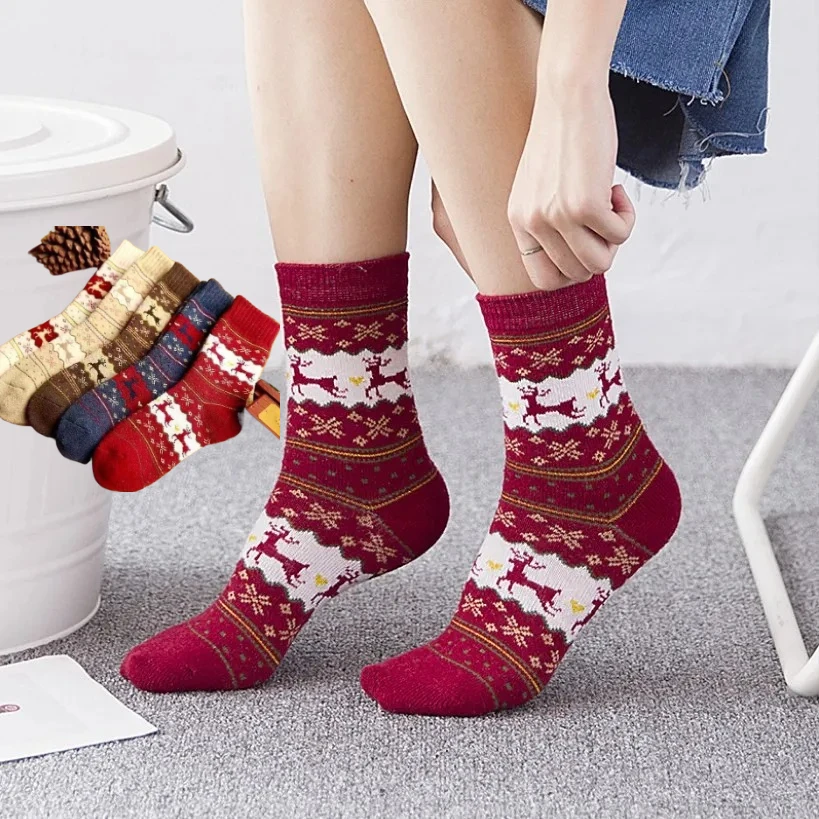 

1/5 пар женских зимних теплых носков в стиле ретро, модные средние носки с принтом оленя, толстые носки из овечьей шерсти с кроликом, рождественские новогодние носки с лосем