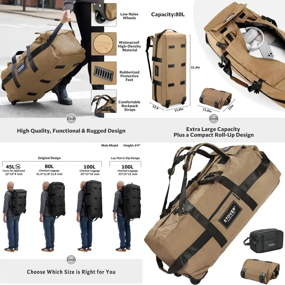 

Спортивная сумка на колесиках, 80 л, большая прочная дорожная сумка + набор туалетных принадлежностей, сверхпрочная, компактная, складная, плечевые ремни - U