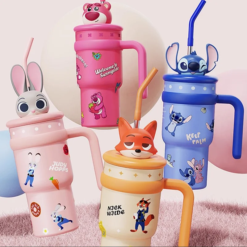 

Authentic Disney Nickel Judy Toy 700ml Stainless Steel Straw Water Bottle Ice King Thermos Car Mounted Drinkware Mug