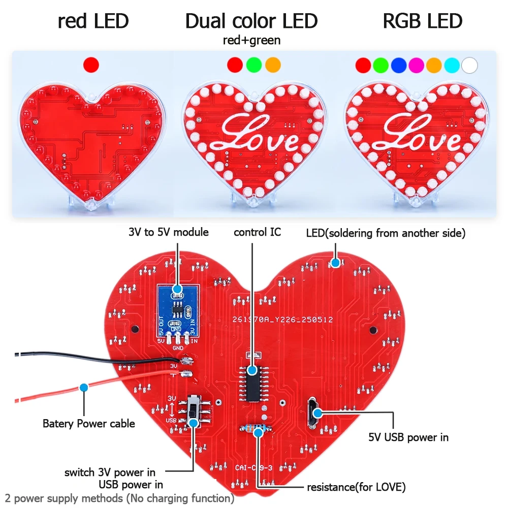 Kit électronique de bricolage LED, lumière clignotante colorée en forme de cœur, composants SMD, kit de soudage