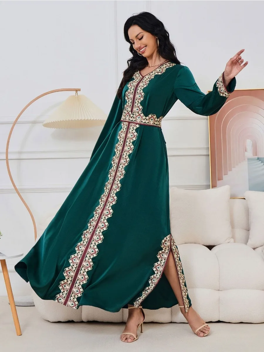 Eid Embroidery Arab Muslim Party Dress for Women Abaya Jalabiya Long Dresses Belted Kaftan Vestidos Dubai Ramadan Gown Robe