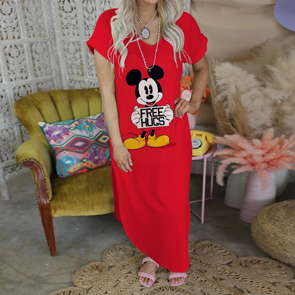 Gaun Panjang Gaun Pesta Motif untuk Wanita 2022 V-Neck Jubah Minnie Mouse Mode Elegan Kasual Gaun Wanita Disney Mickey Seksi