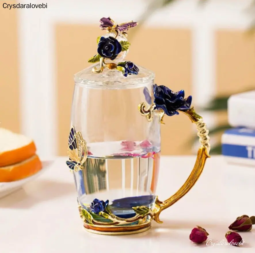 Red Rose Enamel Glass Coffee Mugs Tea Cups and Mugs Handmade Heat Resistant Glasses Water Cup Drinkware Lover Gift Wedding Cup