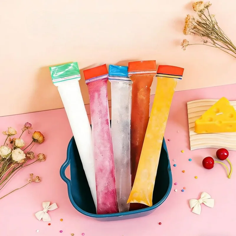 100Pcs Disposable Ice Popsicle Bags Colorful Self-sealing Bag for DIY Fruit Juice Smoothies Yogurt Ice Cream Pops Sticks Mold