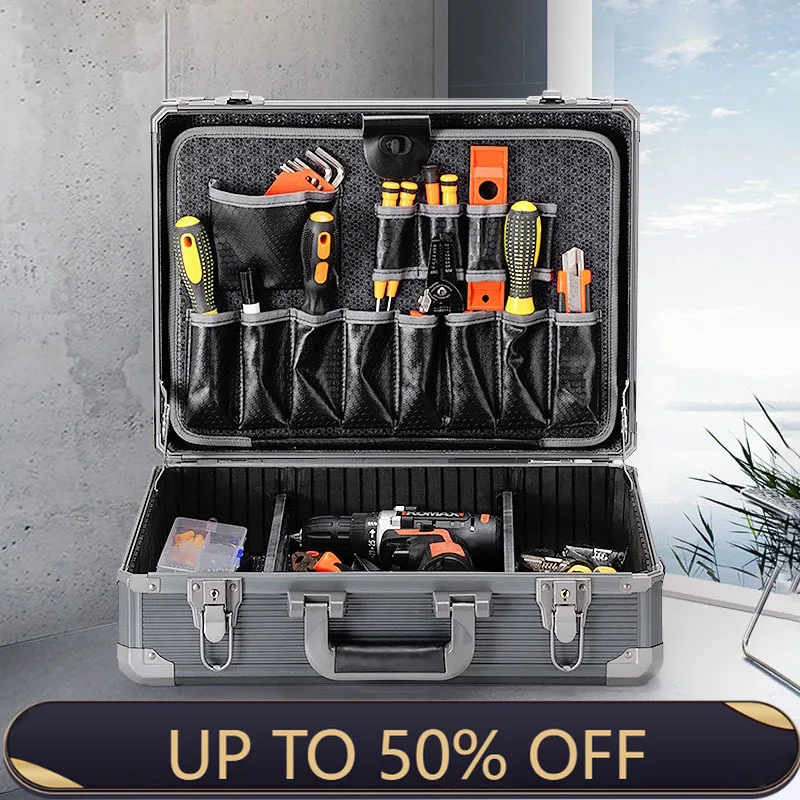 Complete Tool Box Multi-purpose Hard Aluminum Organizer Suitcase Tool Electricians Accessories Parts Storage Case Set With Lock