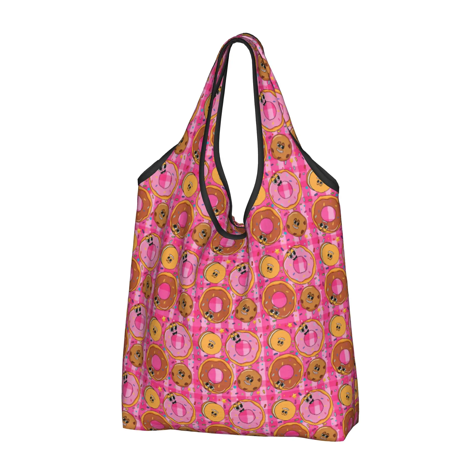 Reusable Pink Frosted Donut Sandwich Cookie  Shopping Bag Women Tote Bag Portable Chocolate Frosted Donut Groceries Shopper Bags