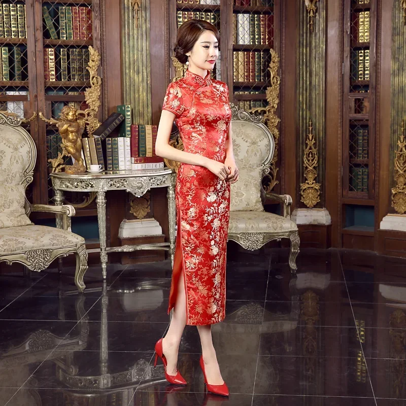 

Красный Cheongsam в китайском стиле, женский элегантный сценический костюм для вечеринки, шелковая парча Qipao, длинные платья, винтажное Ципао, большой размер 3Xl