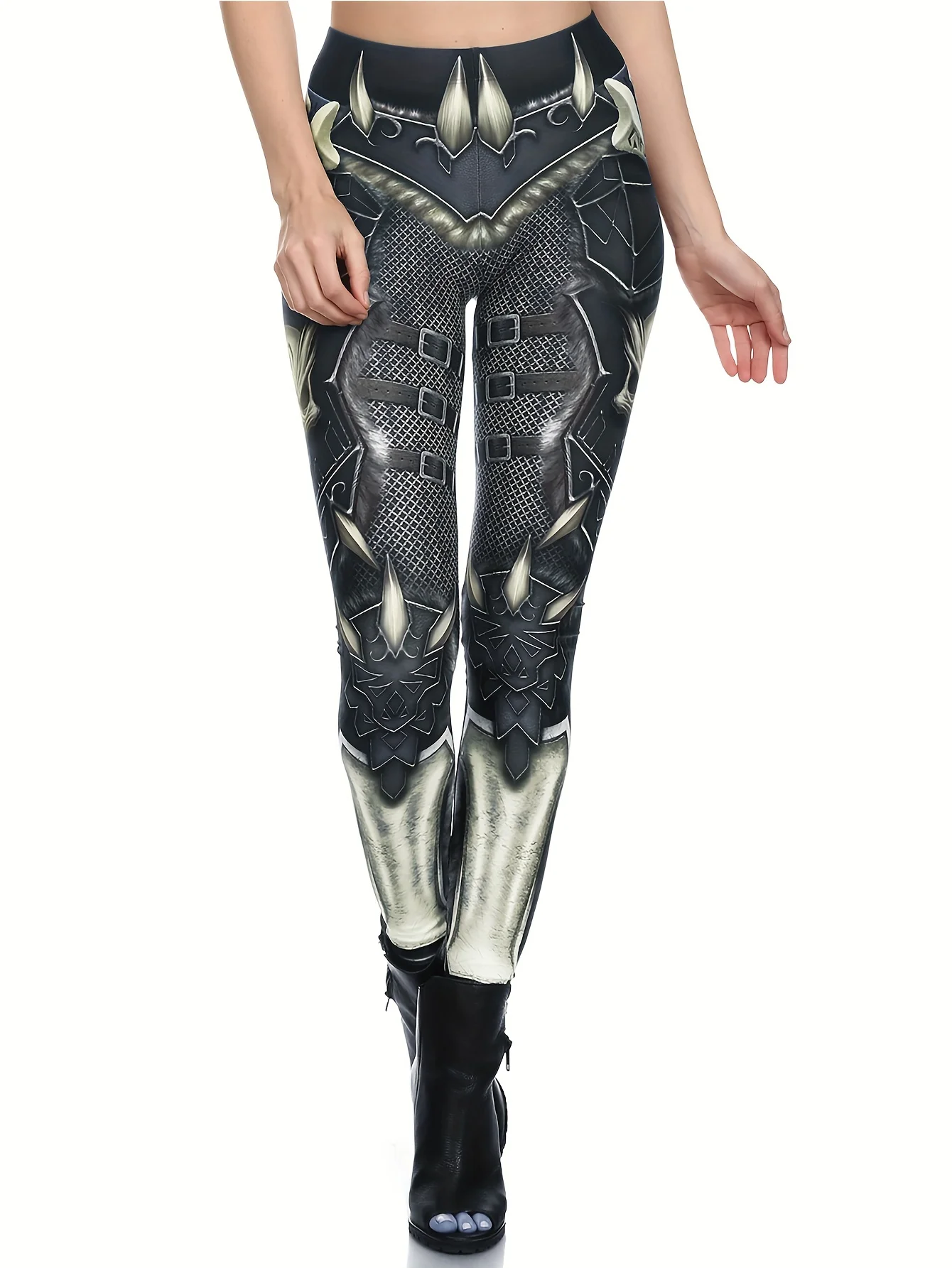 Women Mid‑Rise Fleece Lined Leggings Armor Cosplay Print Warm Elastic Halloween Party Long Pants