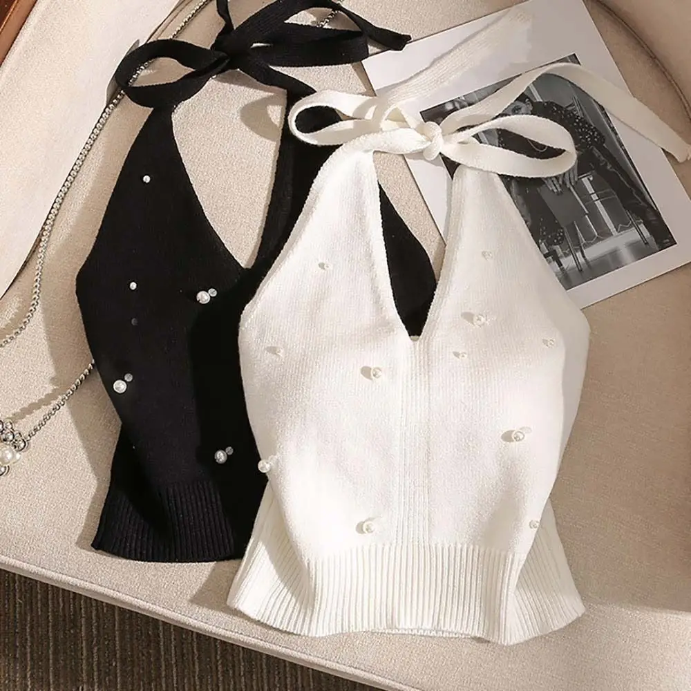 Backless Design French Beaded Vest Tie Knot Detail Beaded Embellishment Halter Neck Vest Halter Style Knitted Fabric